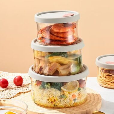 Round airtight microwave-safe glass food container with lid