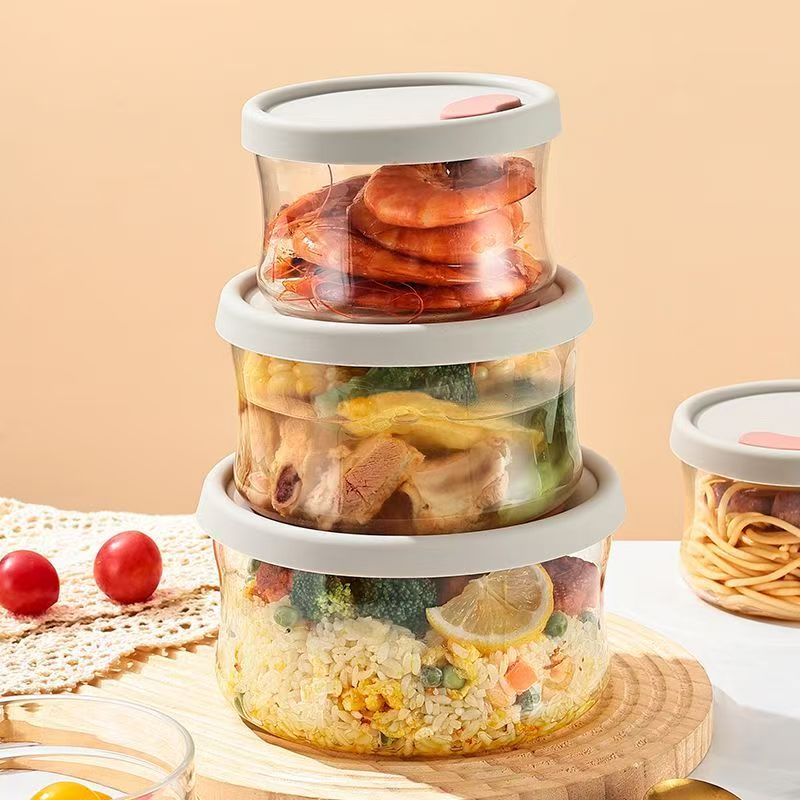 Round airtight microwave-safe glass food container with lid