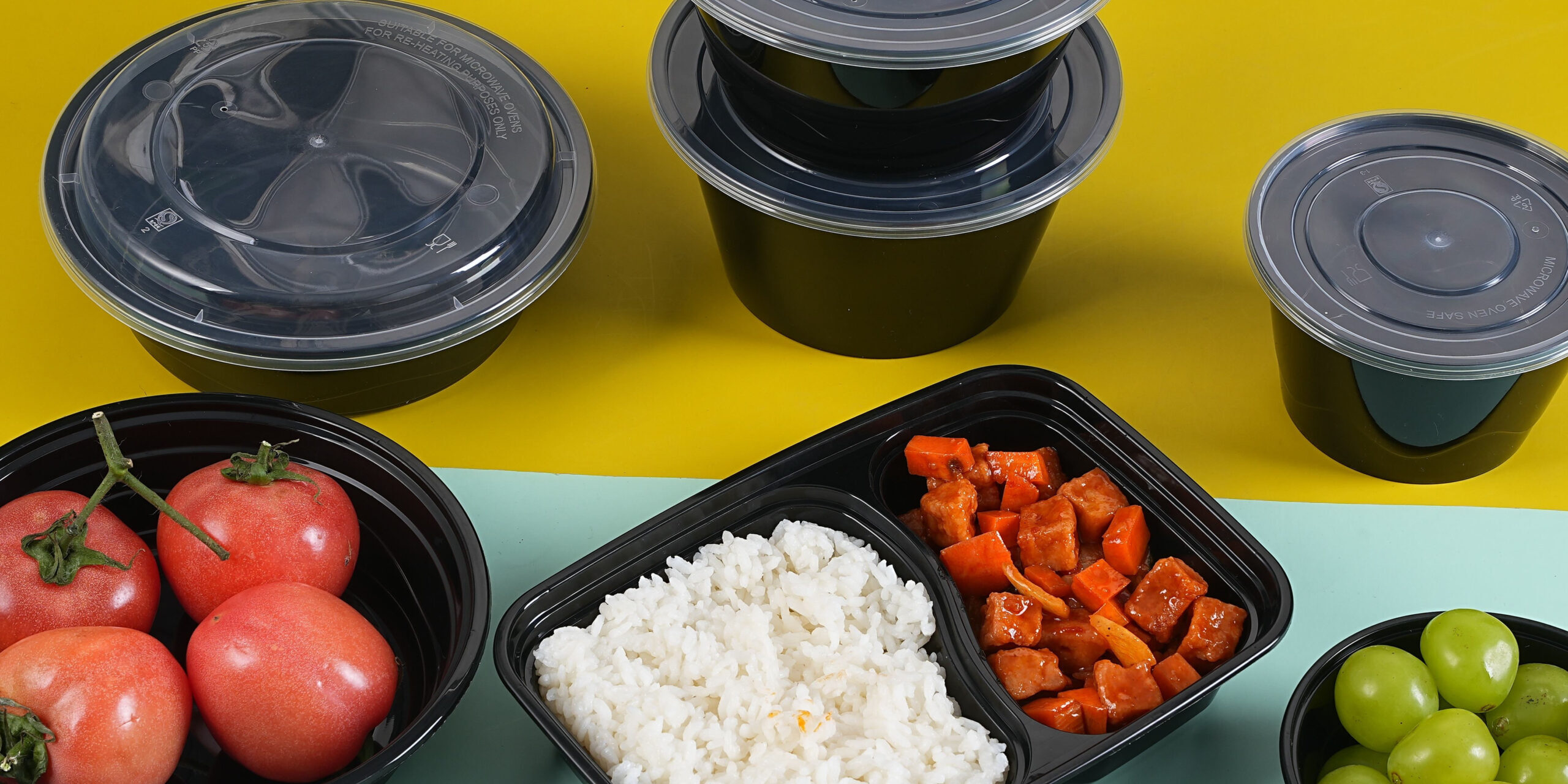 Plastic food container for salad, fruit, and takeaway packaging