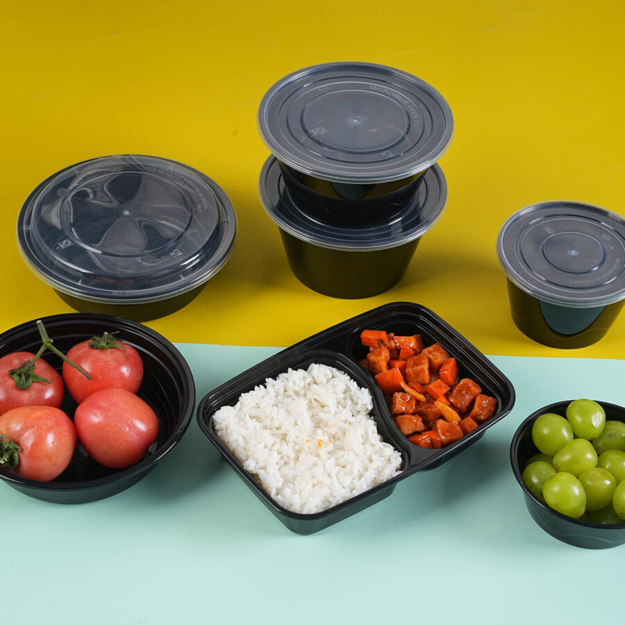 Plastic food container for salad, fruit, and takeaway packaging