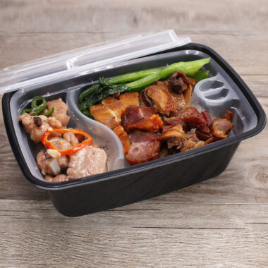 Plastic food container for salad, fruit, and takeaway packaging