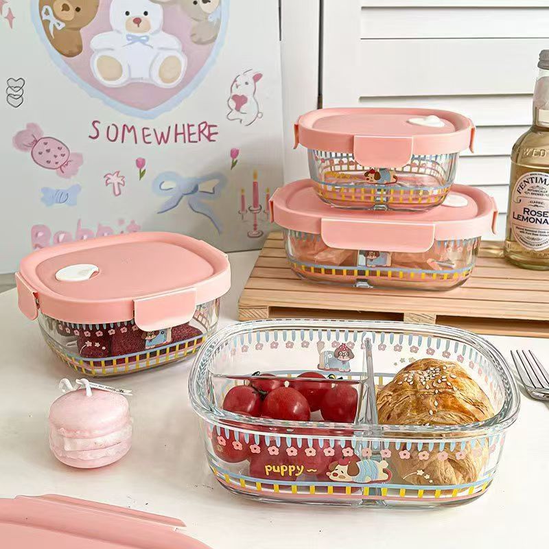 Cute microwave-safe glass lunch container with lid for office meals